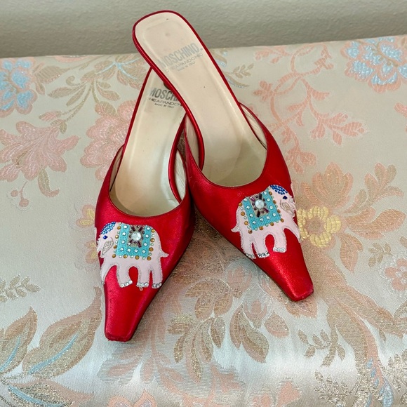 Moschino Shoes - Moschino Cheap & Chic Red Satin Pointed Elephant Embellished Mules